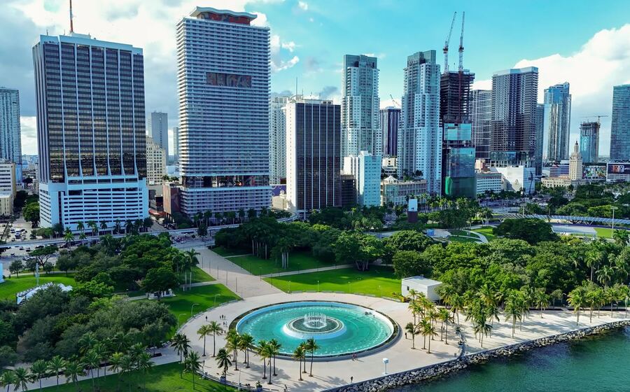Bayfront Park with Downtown Miami's skyline behind it