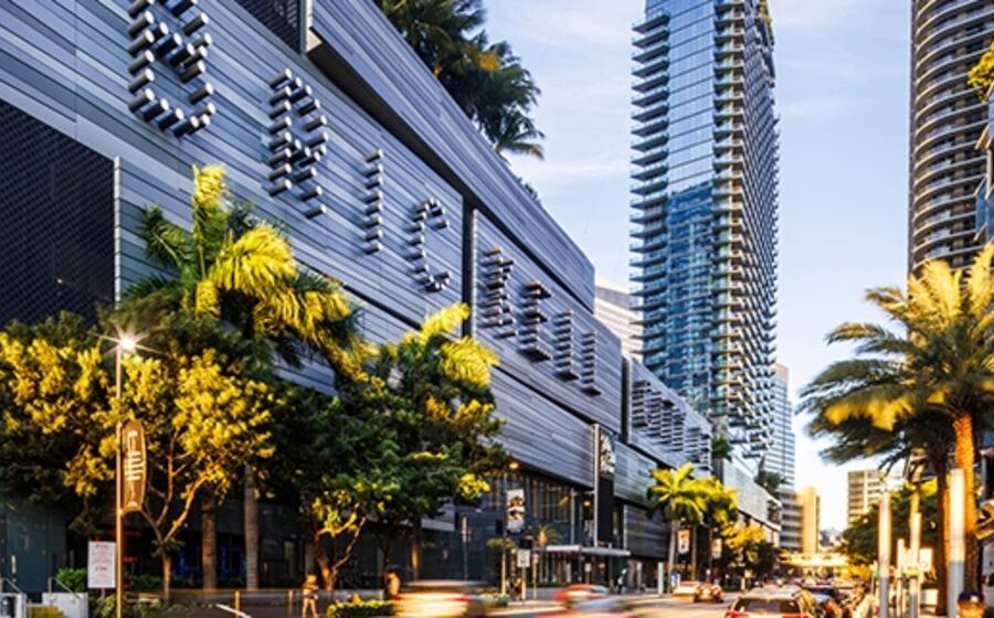 Brickell City Centre's exterior and palm-lined street