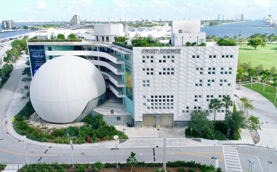 Aerial view of Frost Museum of Science and its planetarium dome