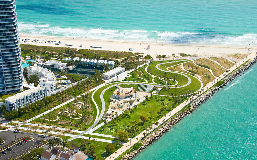 Aerial view of South Pointe Park beside the ocean