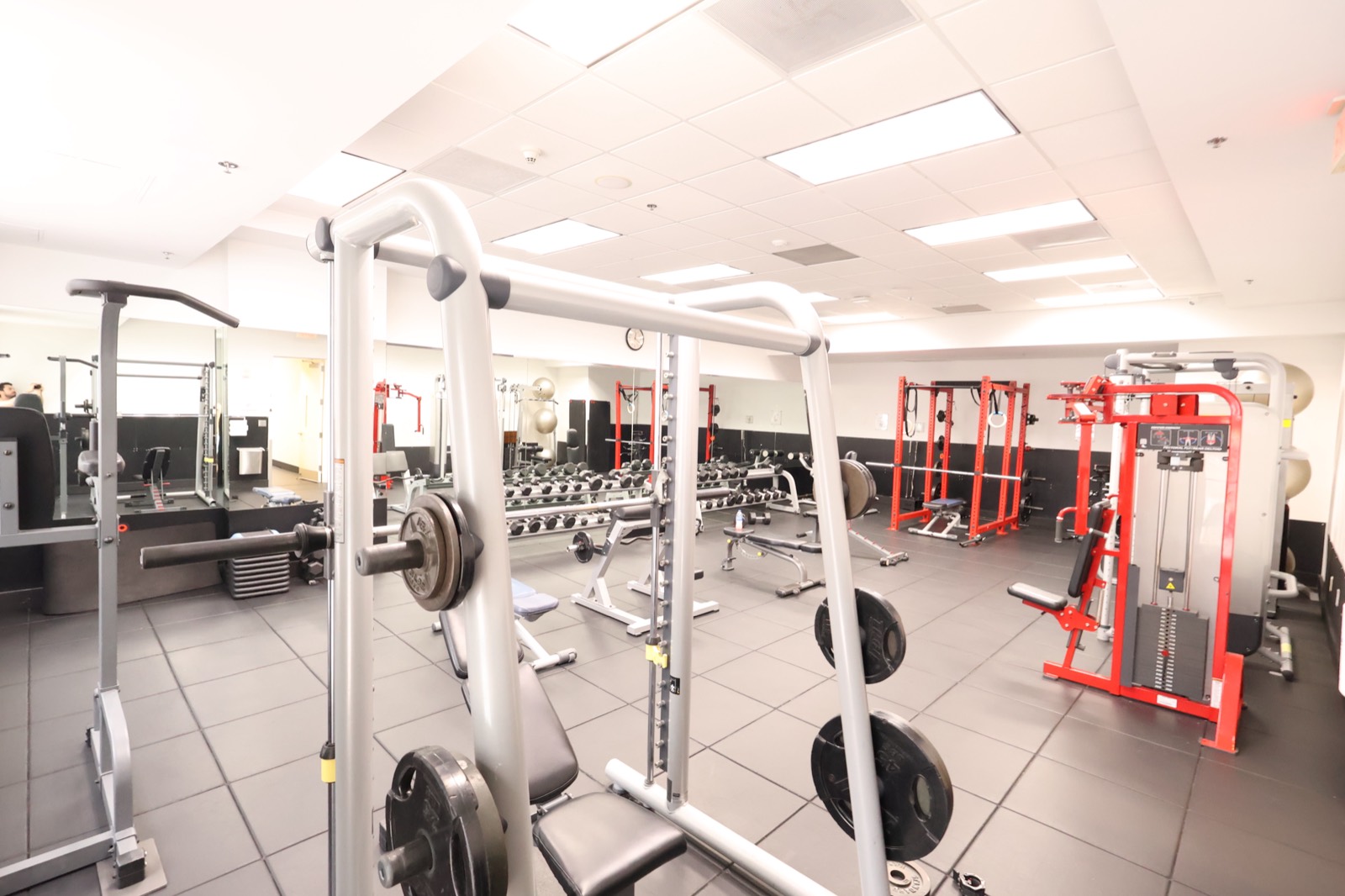 Fitness center with free weights, squat racks and strength machines