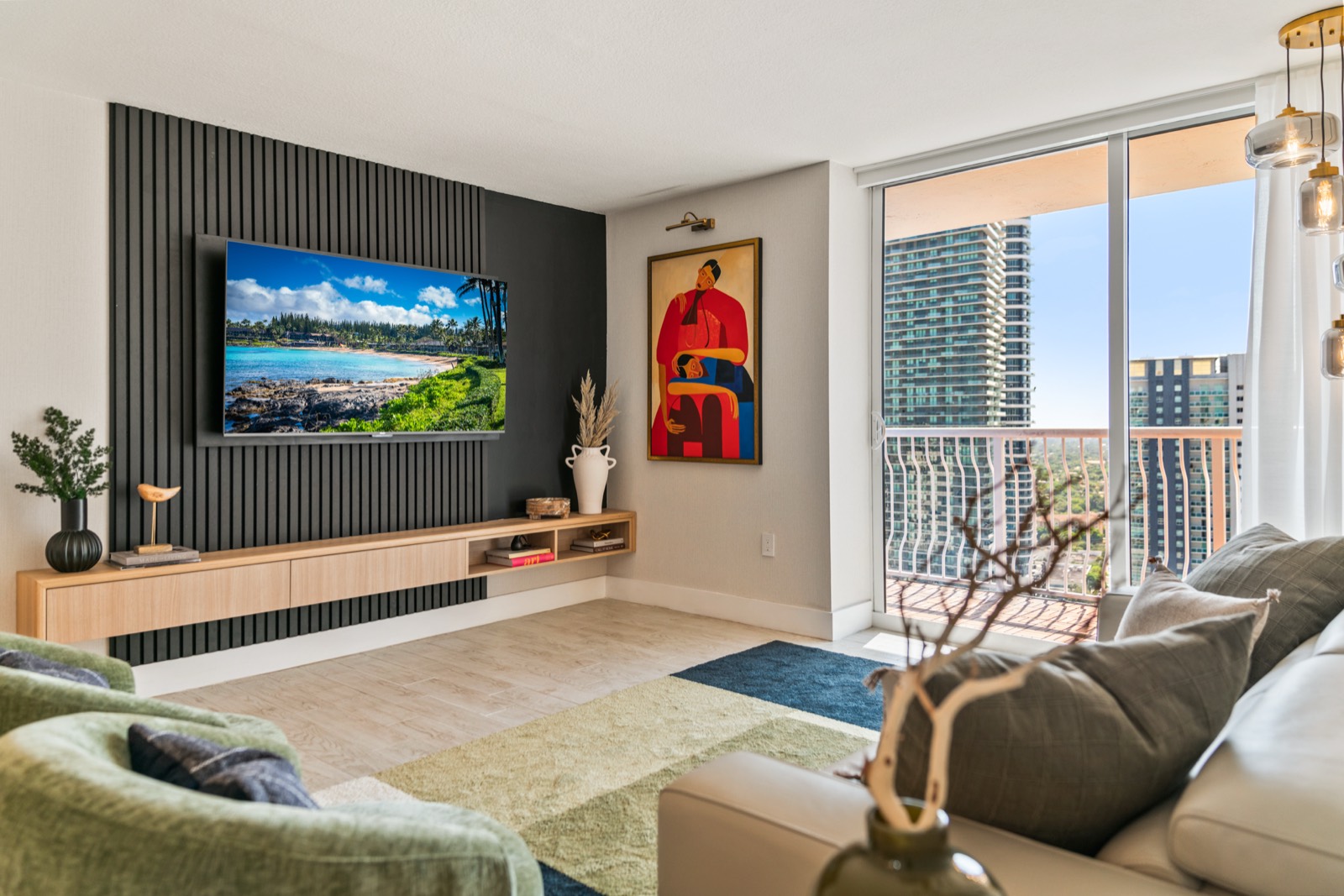 Bright living room with floor-to-ceiling windows